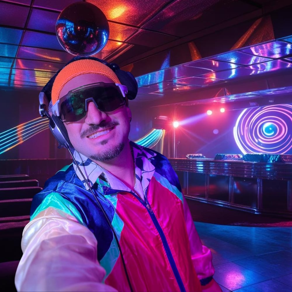 DJ che si gode l'atmosfera vibrante del club con le luci al neon.