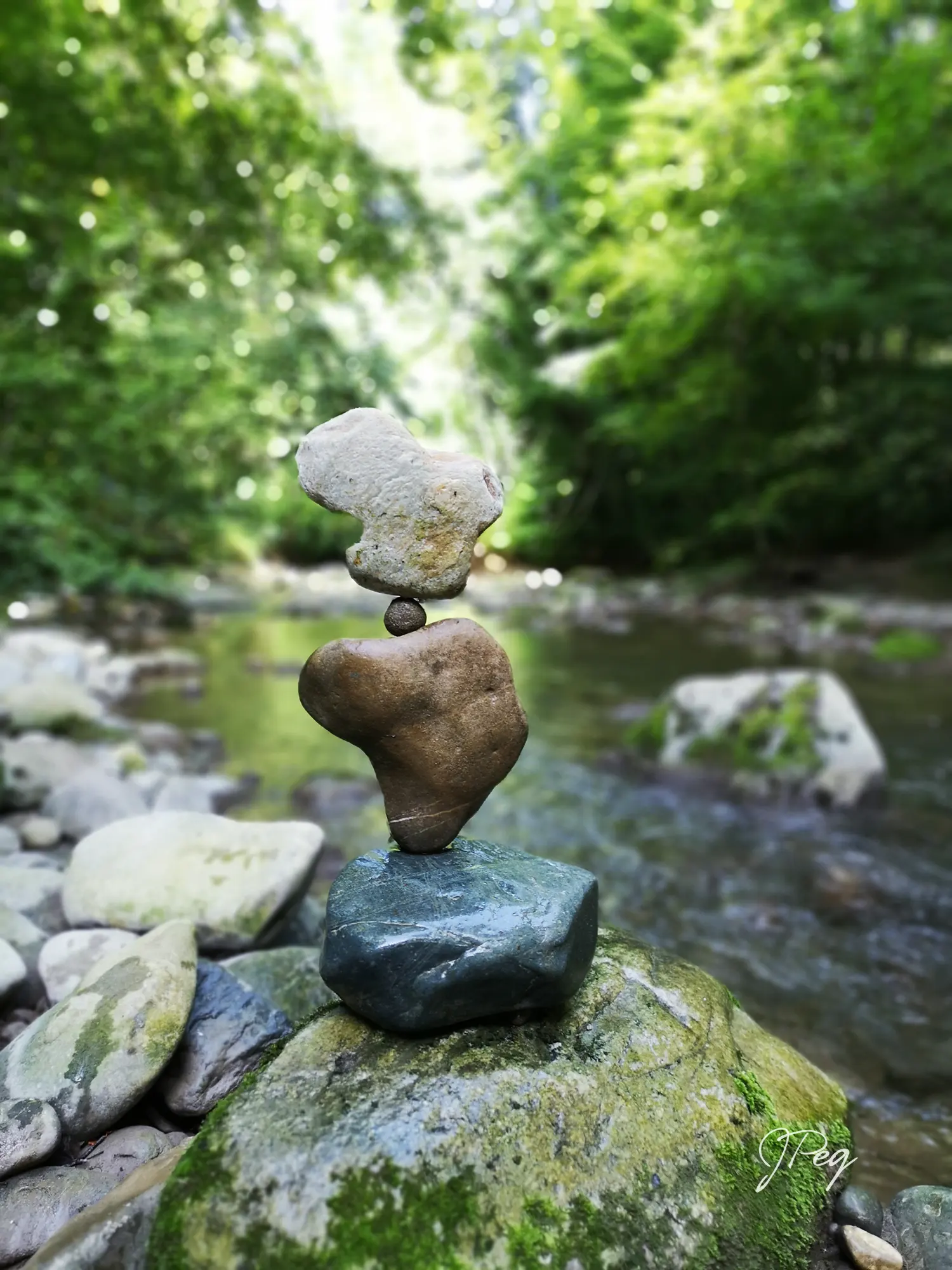 Pierres empilées au bord d'une rivière dans la forêt.