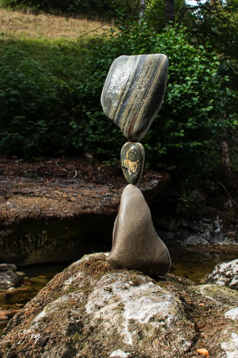 Rocce in equilibrio in un ambiente forestale sereno.