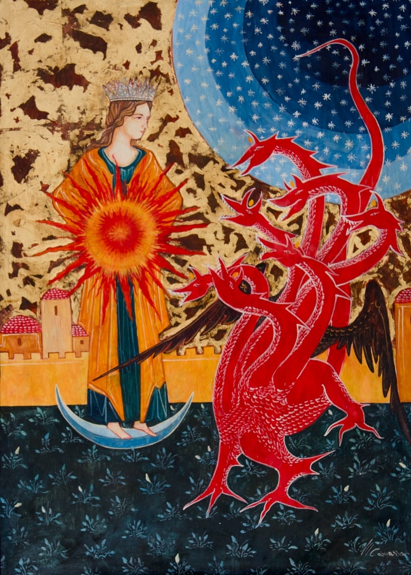 Medieval woman with crown faces red dragon.