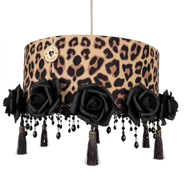 Leopard print lampshade with black roses and tassels
