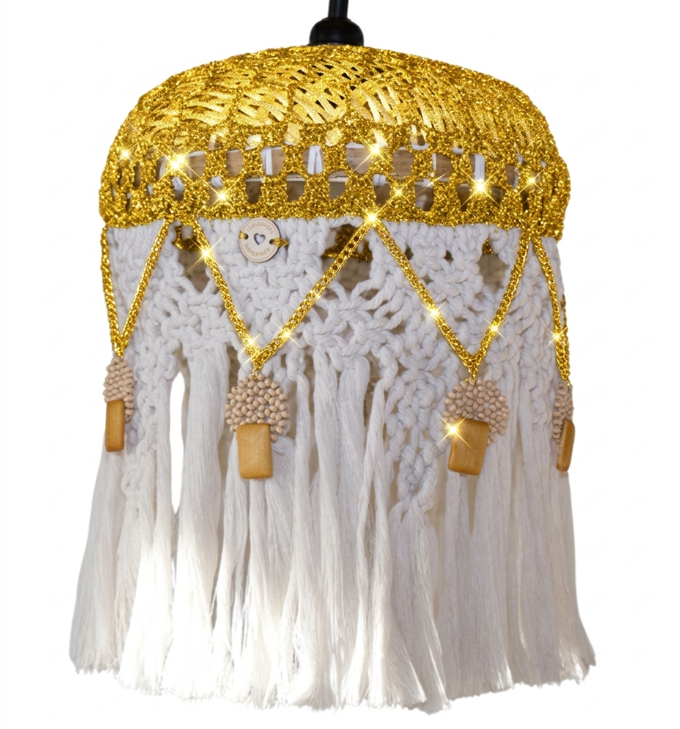 Abat-jour en macramé à paillettes dorées avec franges blanches