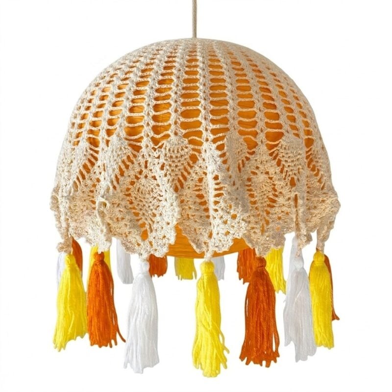 Crocheted pendant lampshade with colourful tassels