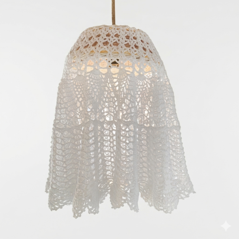 Crocheted lace pendant light with warm glow