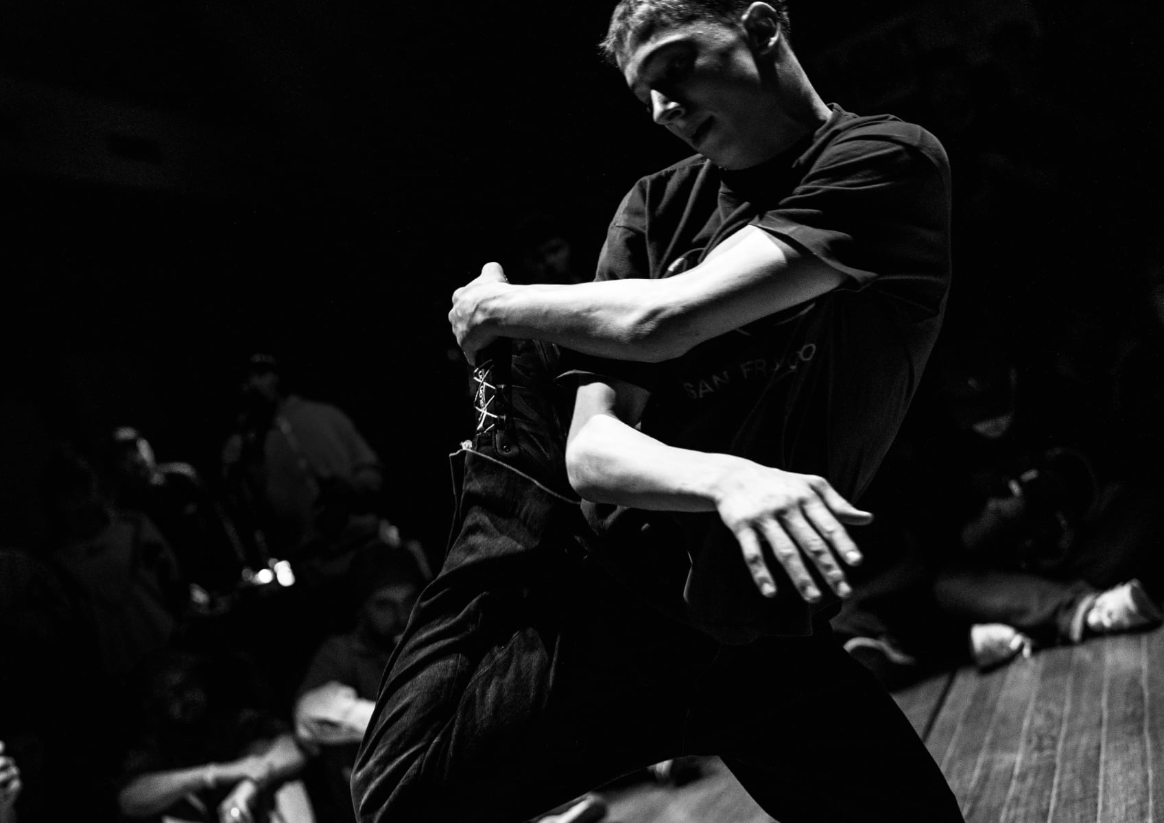Black and white photo of dancer performing