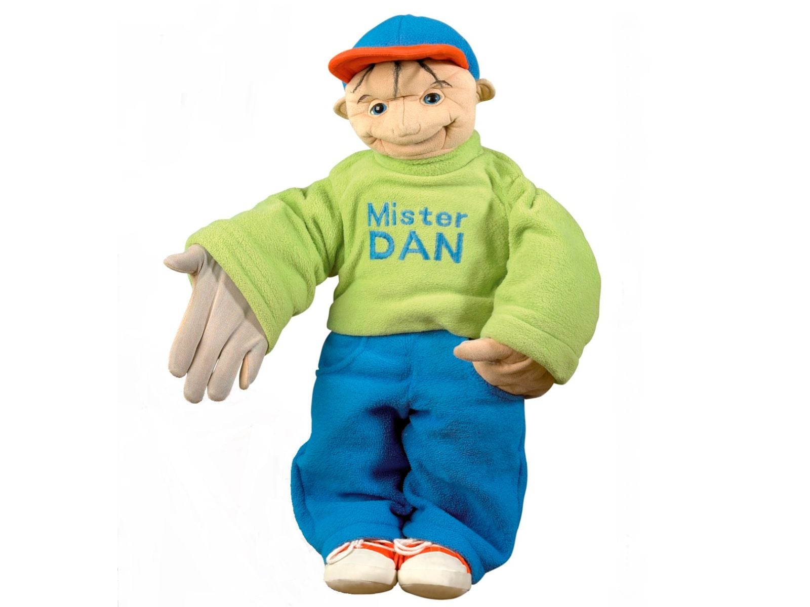 Soft puppet doll wearing Mister Dan sweatshirt