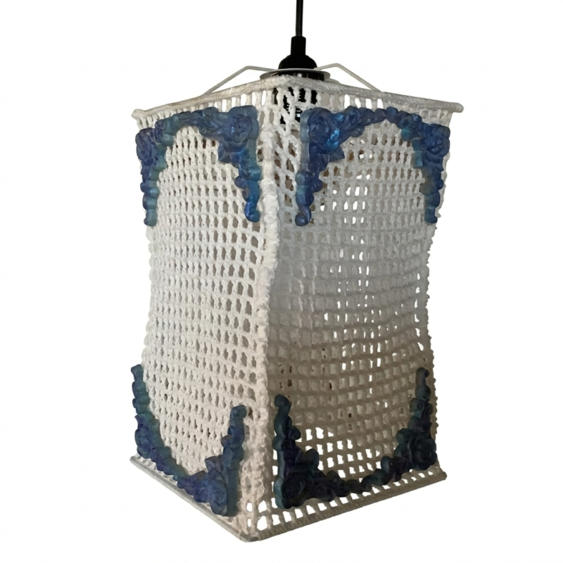 White lattice pendant lamp with blue accents
