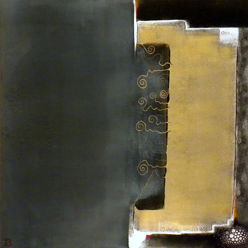Peinture abstraite composée de spirales et de blocs de couleurs sobres