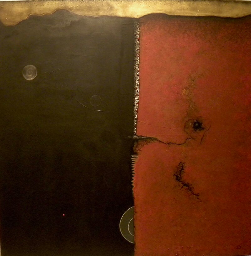 Peinture abstraite composée de panneaux divisés en tons sombres et rouges