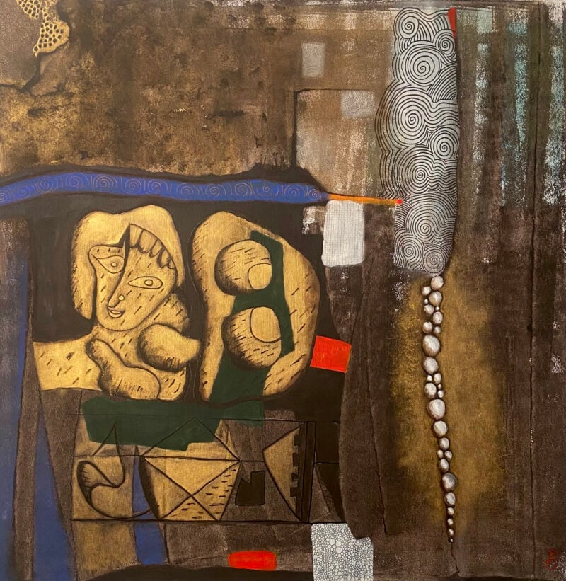Peinture abstraite représentant une figure stylisée et des spirales