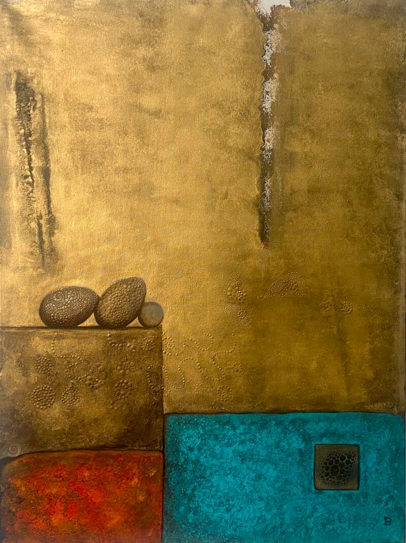 Peinture abstraite texturée avec des pierres et des blocs de couleur