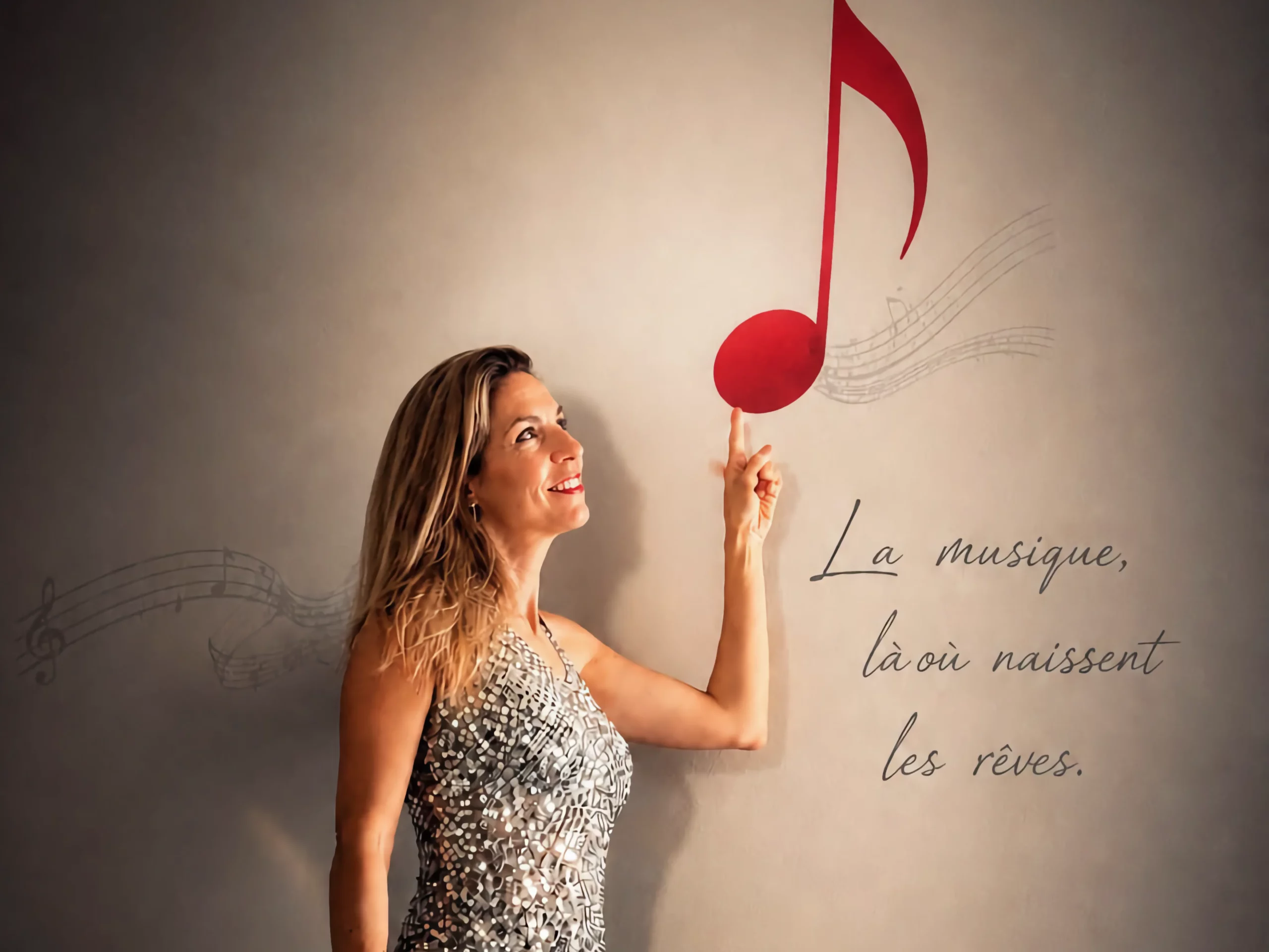 Donna che indica una grande nota musicale rossa