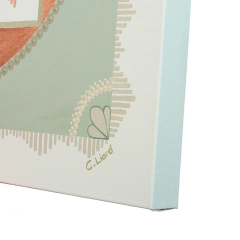 Close-up of canvas artwork corner with signature