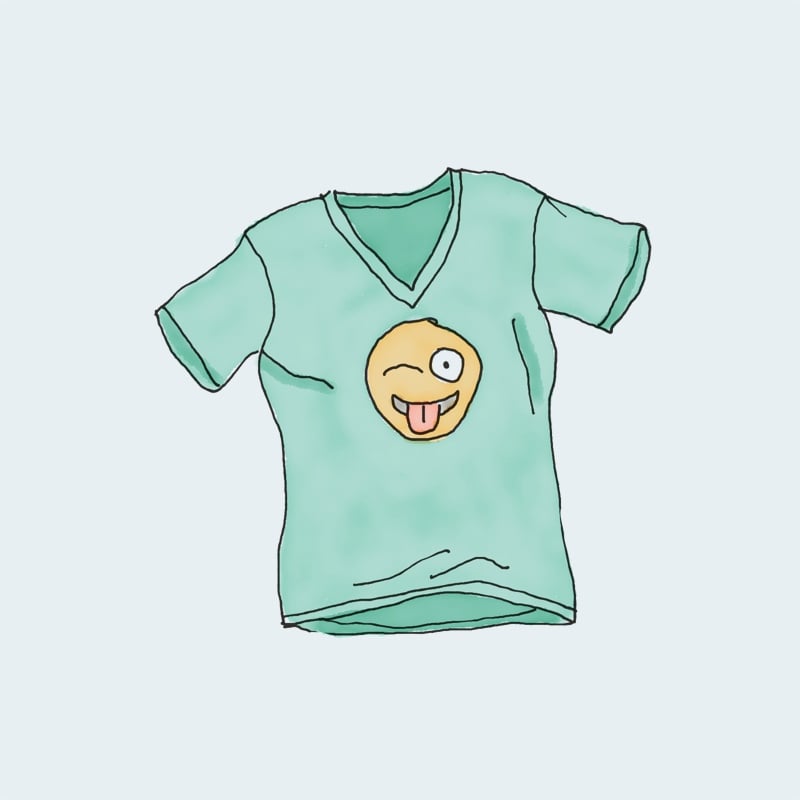 Mint green V-neck T-shirt with silly face graphic