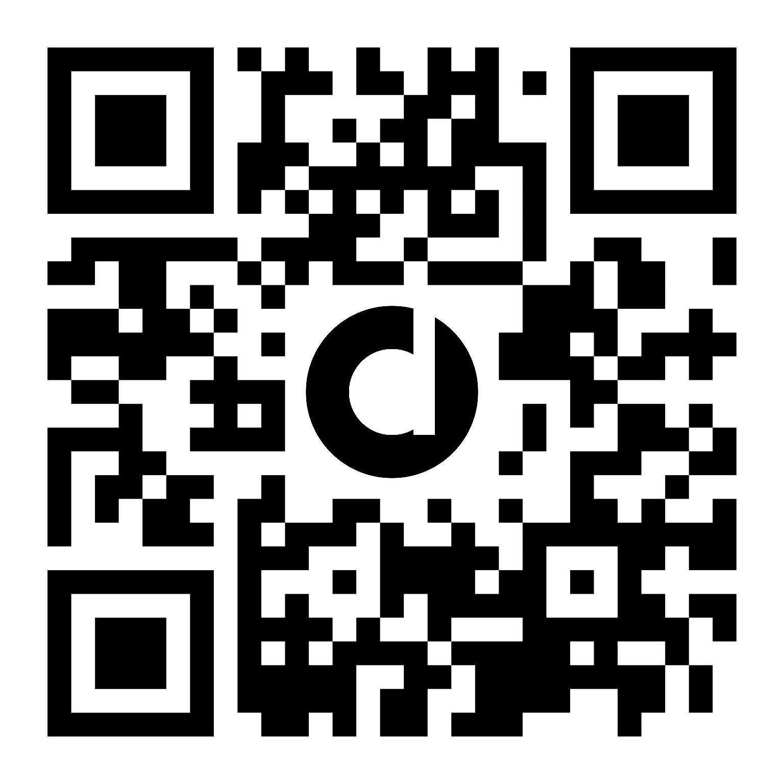 Black-and-white QR code with circular centre logo